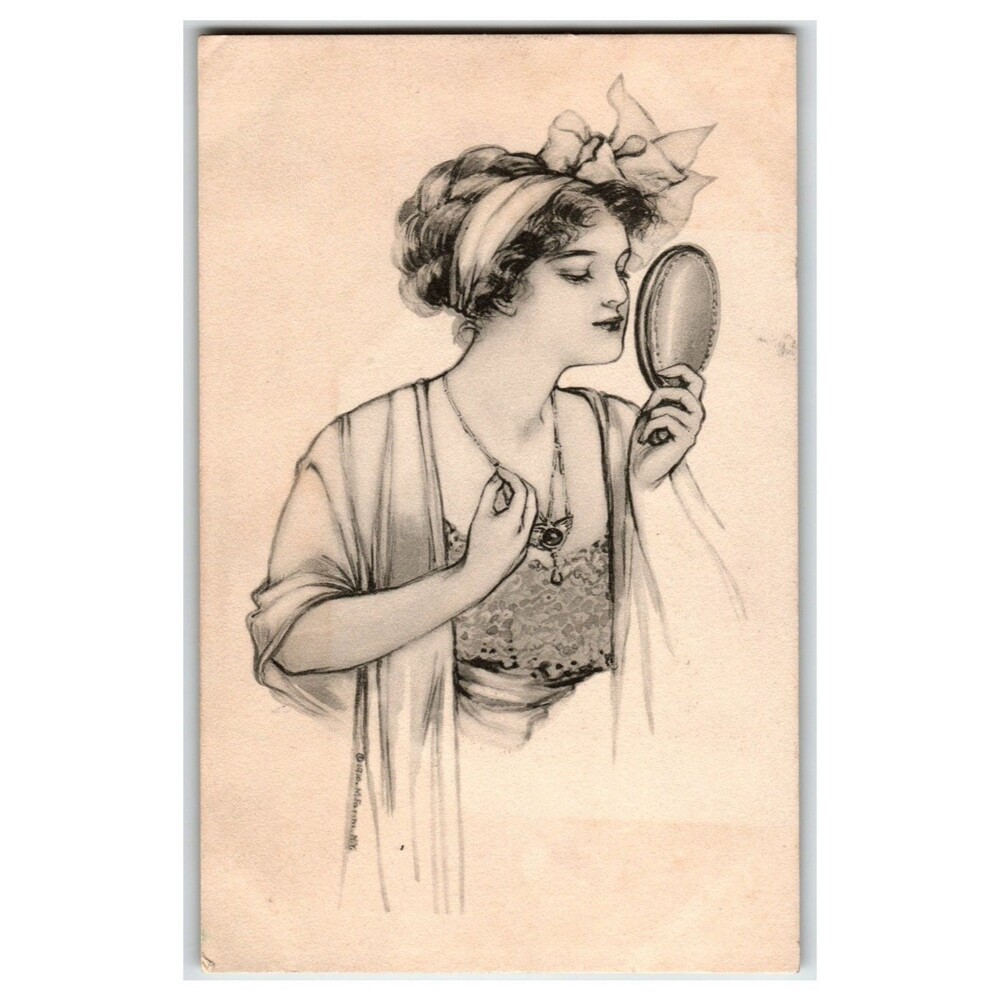 Edwardian Beauty Woman Hand Mirror Makeup Postcard F.M.C.N.Y. N.1014